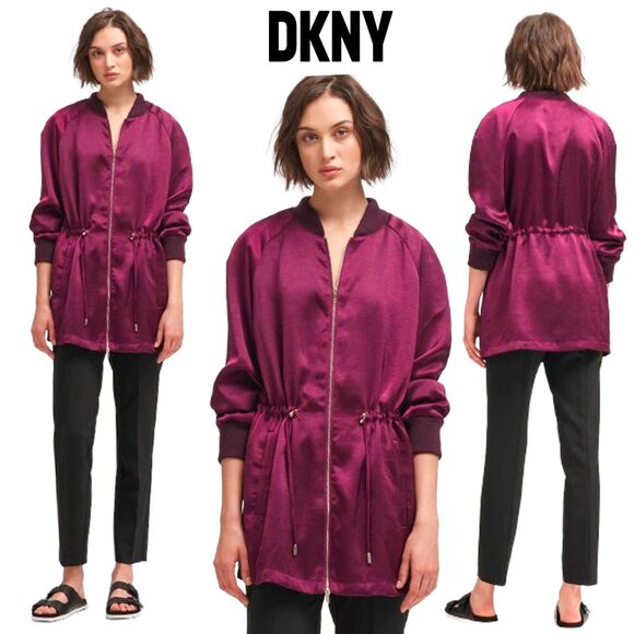 DKNY NEW Elongated Velour Peplum Collarless Drawstring Aglets Jacket M - Picture 3 of 12